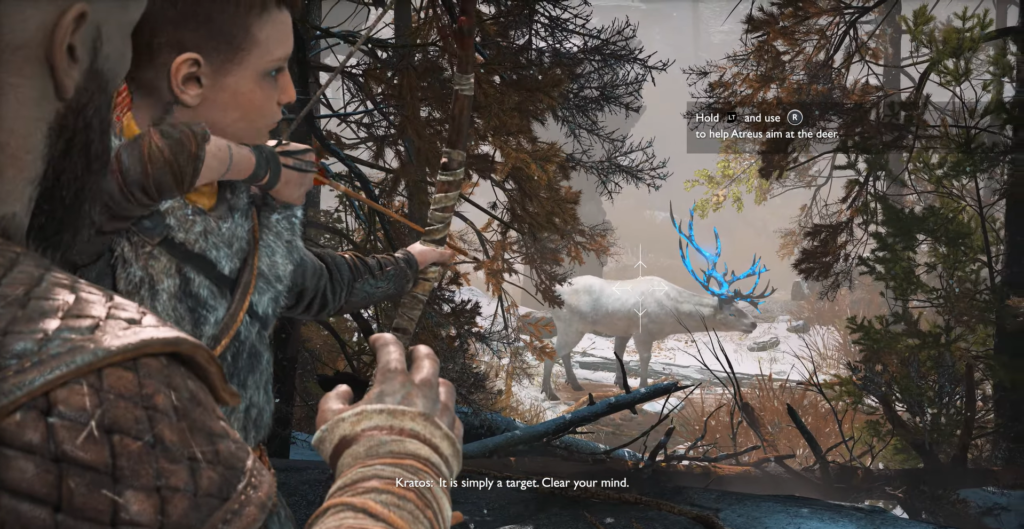 Atreus aims bow at white deer in forest