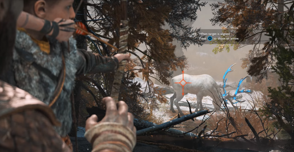 Atreus aims bow at white stag in forest