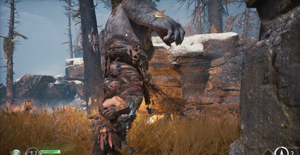 Kratos fights troll in rocky forest, God of War