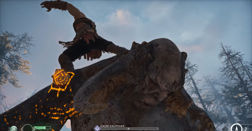 Kratos fights troll in snowy forest, God of War