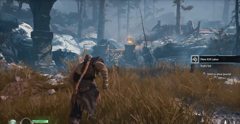 Kratos runs through snowy forest in God of War