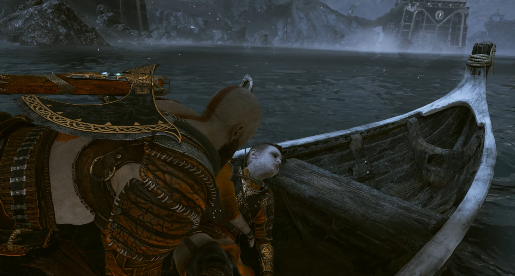 Kratos holds Atreus in boat on lake