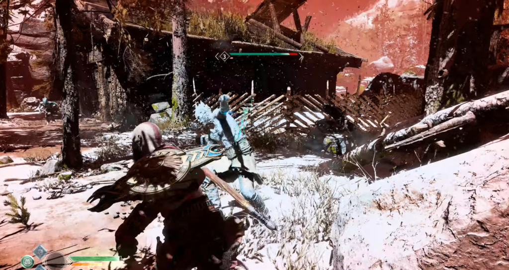 Kratos fights enemy in snowy forest ruins, God of War