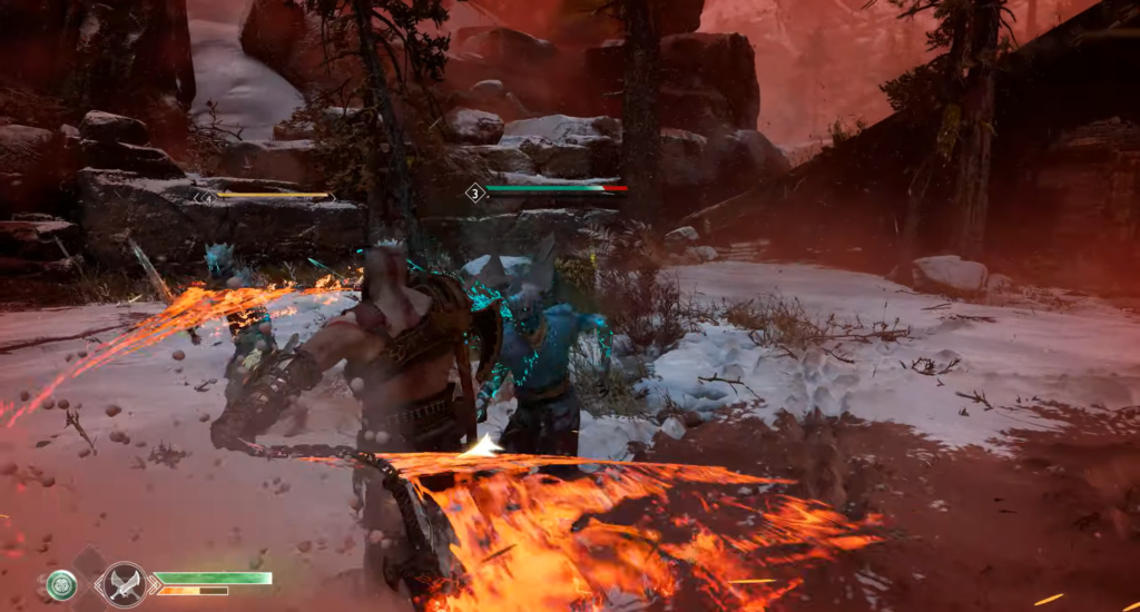 Kratos attacks draugr with flaming blades in snow
