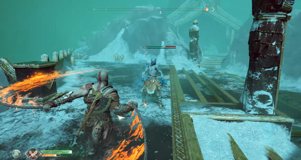 Kratos fights blue draugr in snowy God of War arena