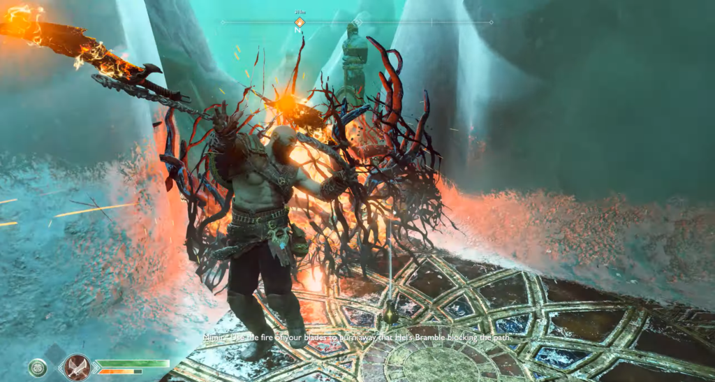 Kratos burns Hel's Bramble in God of War cave