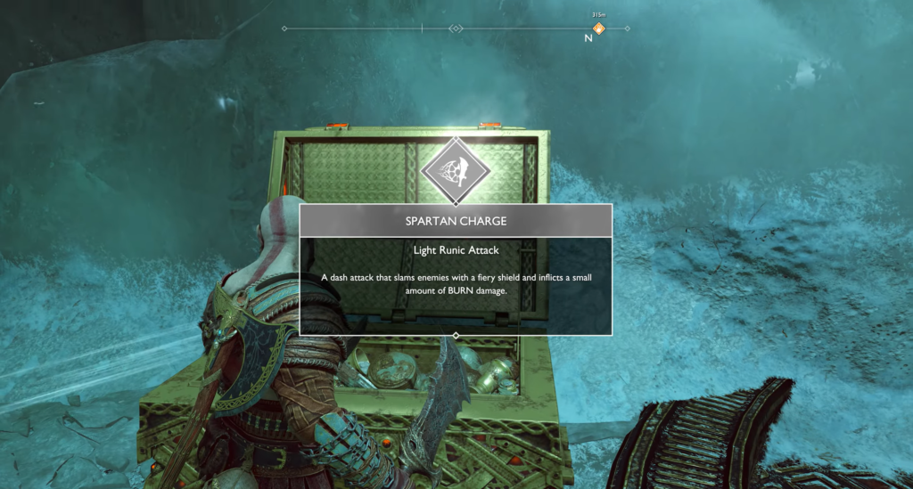 Kratos opens chest in icy cave, God of War