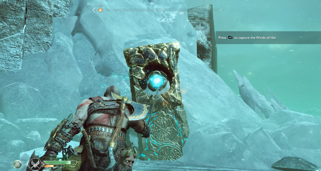 Kratos captures blue Winds of Hel in icy ruins
