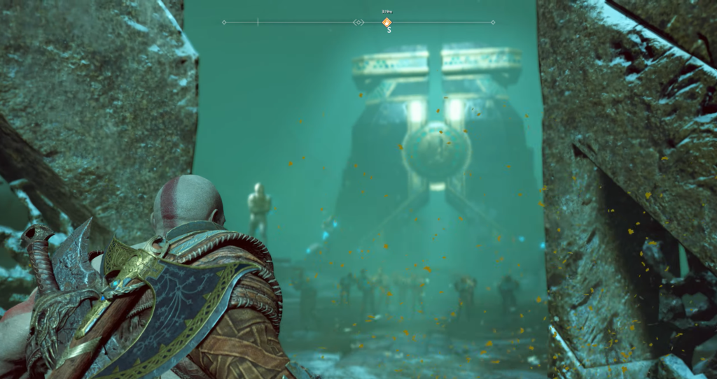 Kratos faces glowing temple doorway in God of War