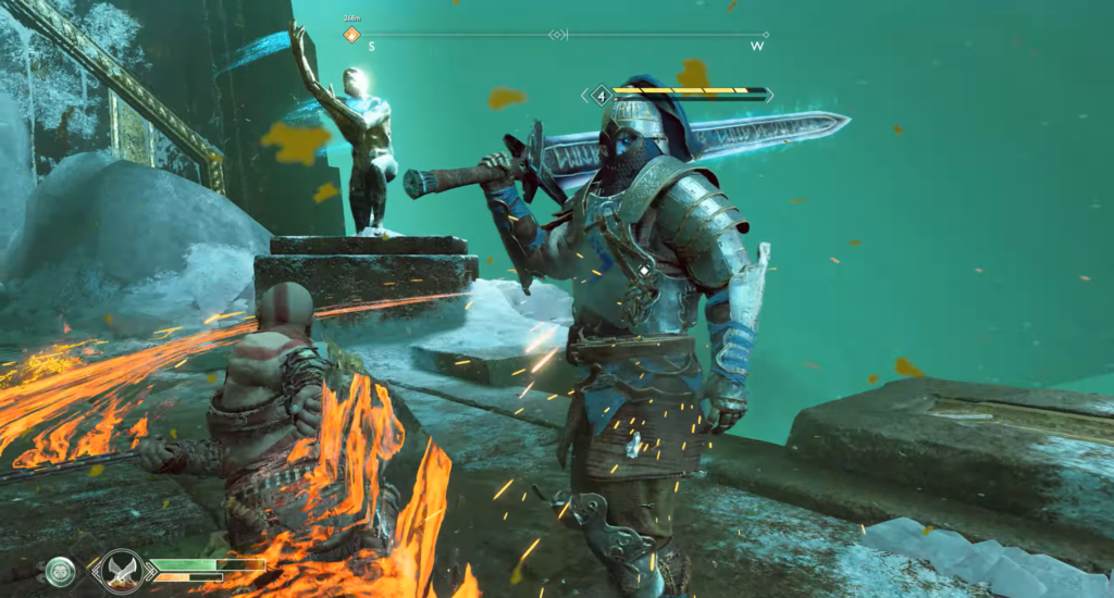 Kratos fights armored enemy with sword in God of War