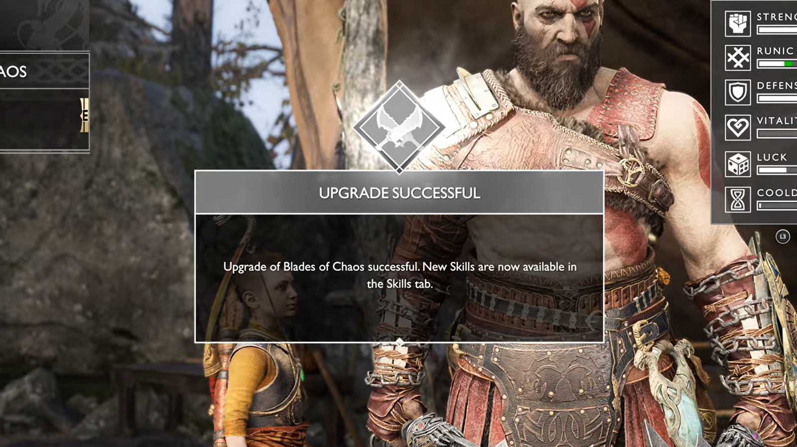 Kratos in God of War upgrade successful menu screen