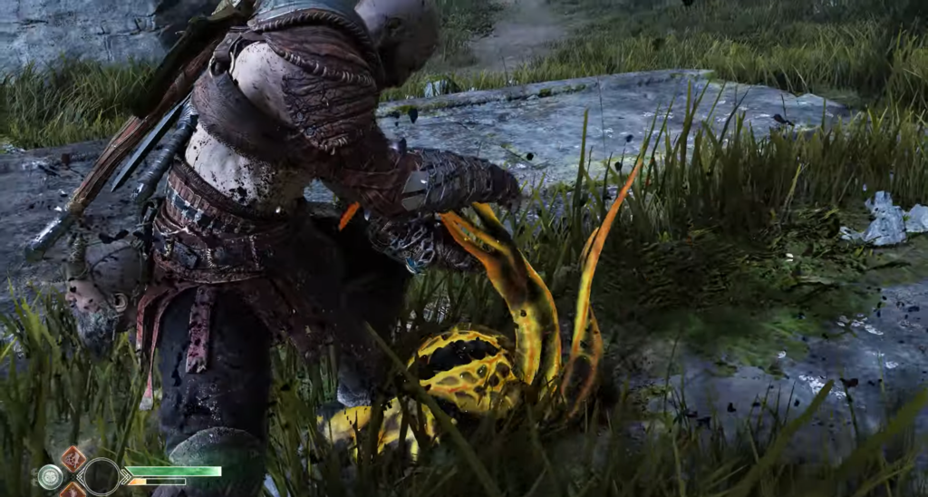 Kratos fights yellow creature in grassy field, God of War
