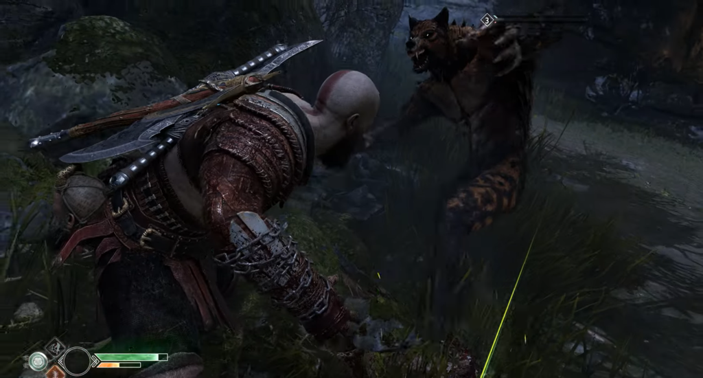 Kratos fights werewolf in forest in God of War