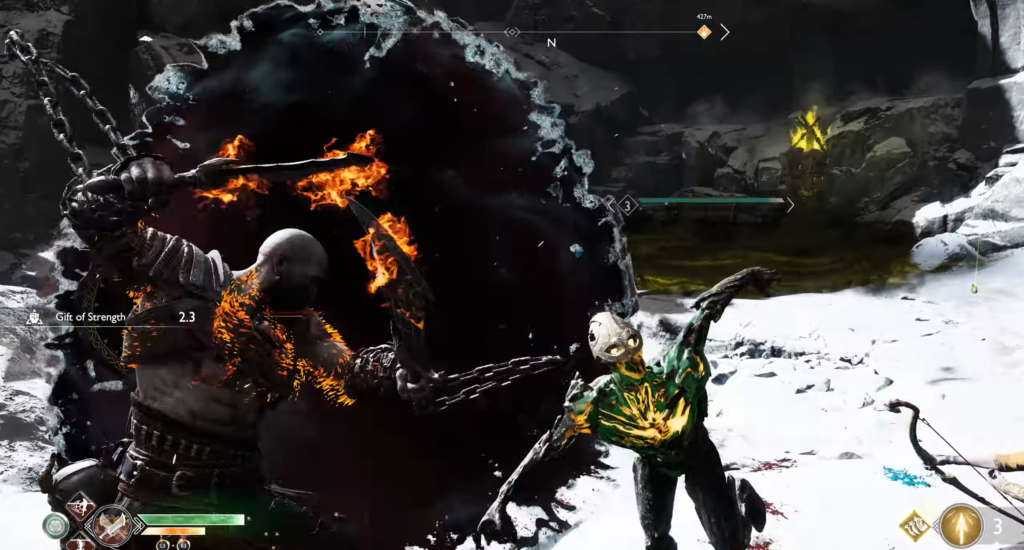 Kratos attacks draugr with flaming chains in snow