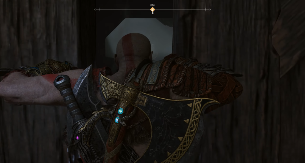 Kratos crawls through narrow wooden tunnel in God of War