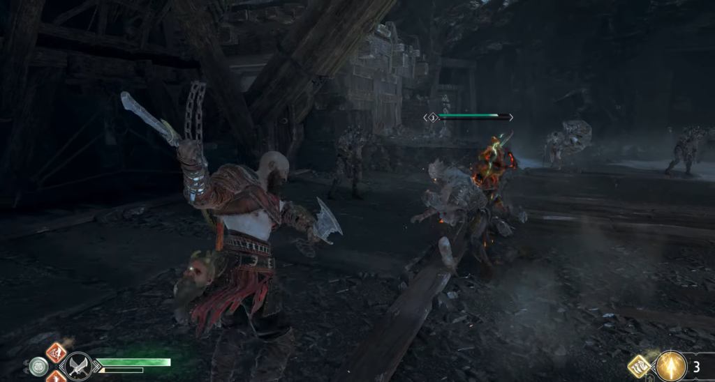 Kratos fights draugr in dark cave, God of War