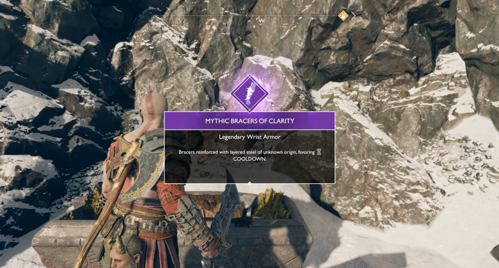 Kratos opens loot chest in snowy mountains, God of War