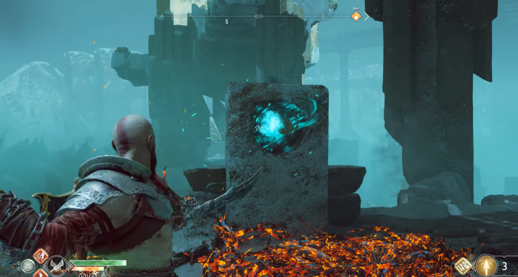 Kratos attacks glowing rune stone in ruins, God of War