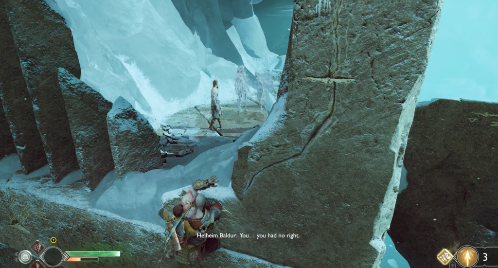 Kratos crouches on icy cliff in God of War