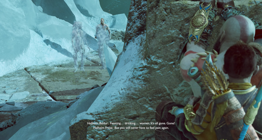 Kratos and Atreus hide behind rock in Helheim
