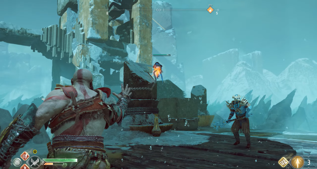 Kratos throws axe at enemy in icy ruins