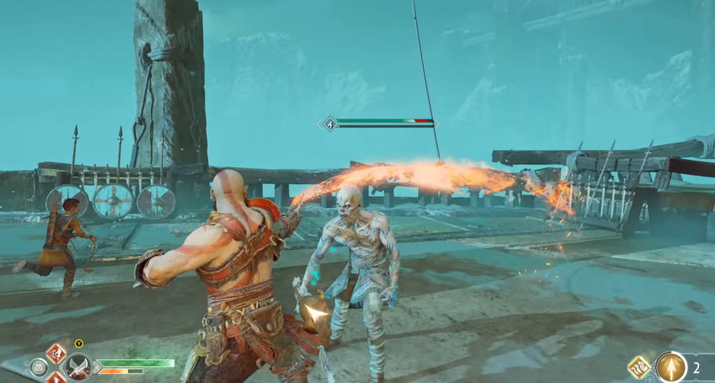 Kratos fights draugr on ship deck in God of War
