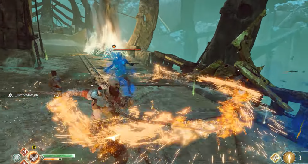 Kratos attacks blue enemy with fiery spin in ruins