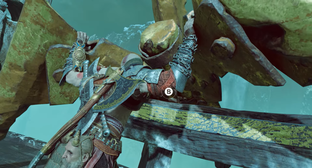 Kratos pushes stone mechanism in God of War