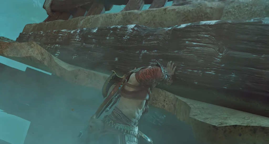 Warrior pushes wooden beam in misty ruins