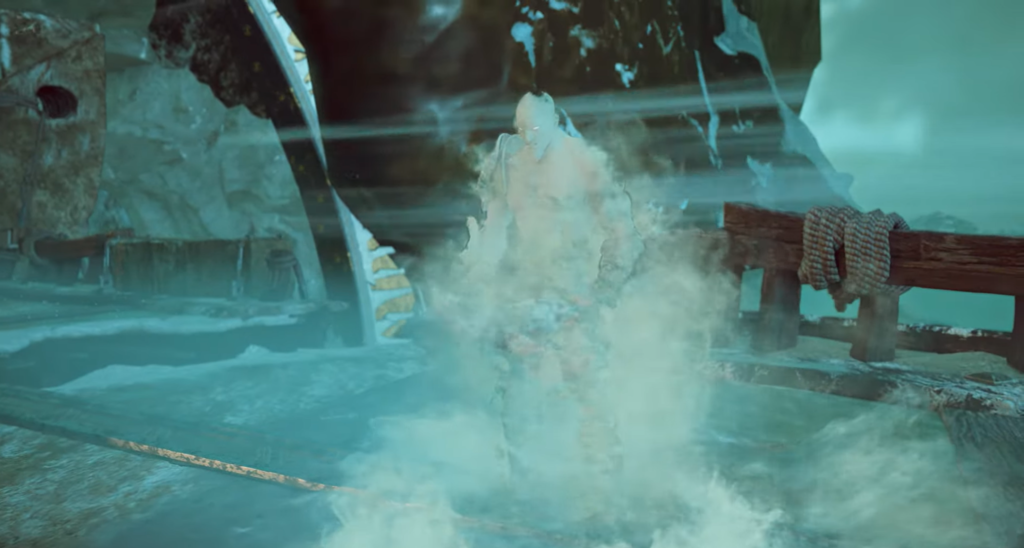 Person emerging from mist on wooden dock