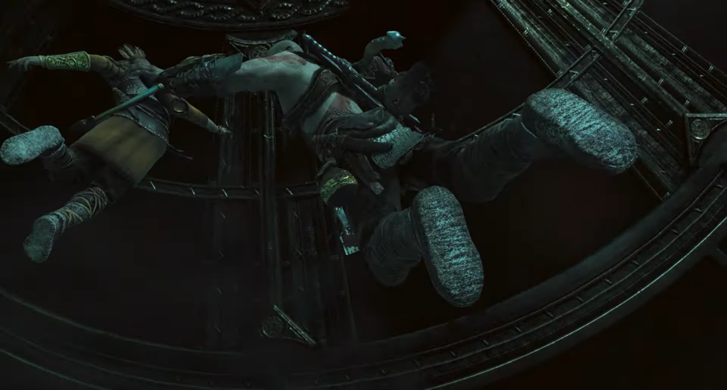 Two fighters fall through circular metal structure in darkness