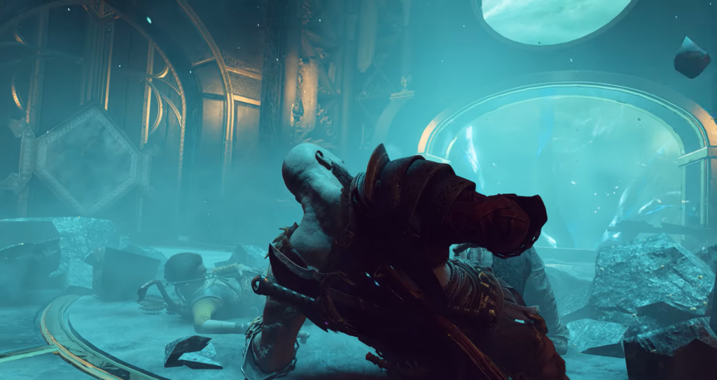 Kratos kneels amid rubble in blue-lit temple interior