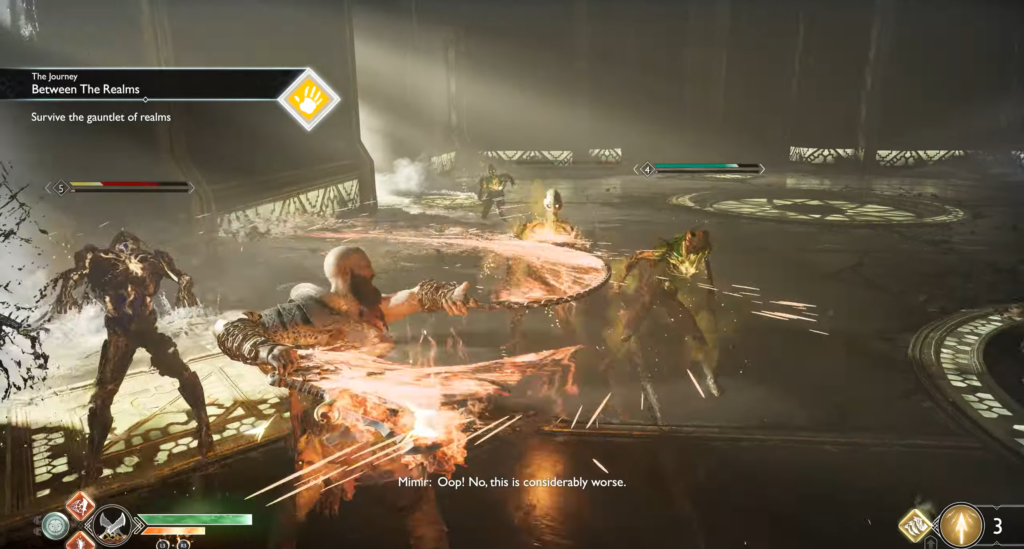 Kratos fights enemies with flaming blades in arena
