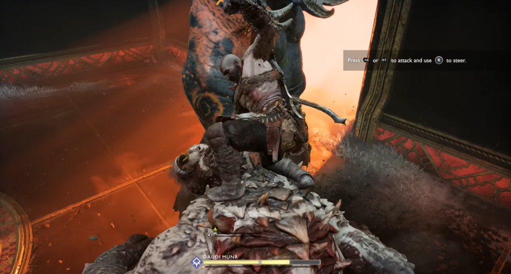 Kratos rides Daudi Munr in fiery arena battle