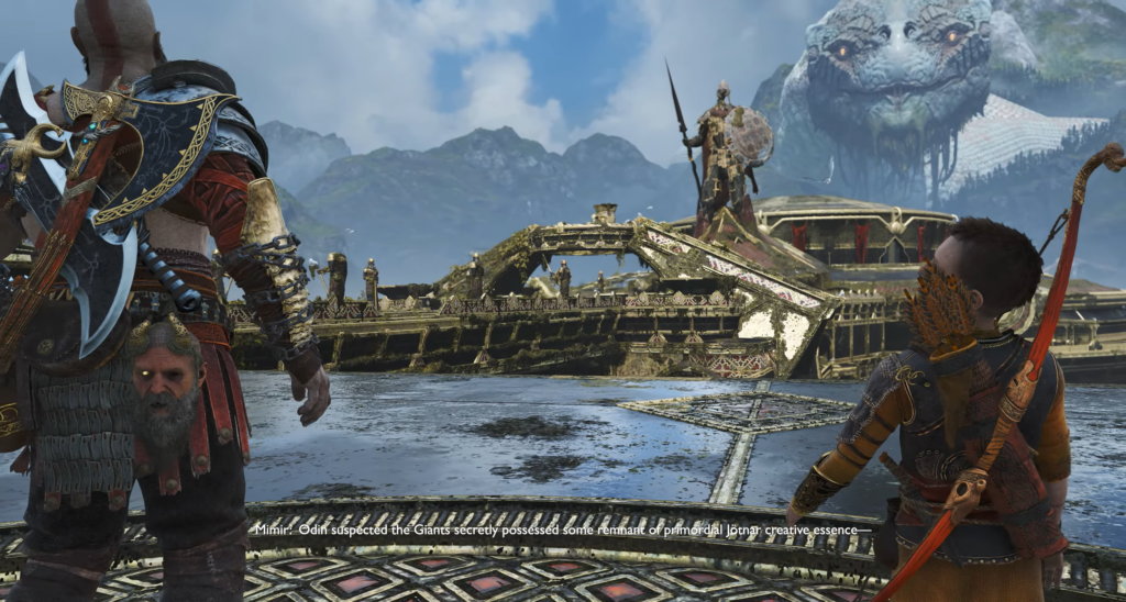 Kratos and Atreus face giant turtle at temple bridge