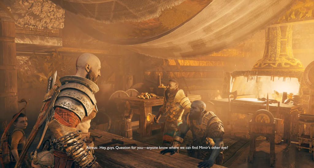 Kratos talks to dwarves in God of War workshop