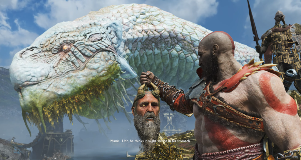 Kratos holds Mimir's head beside giant turtle outdoors