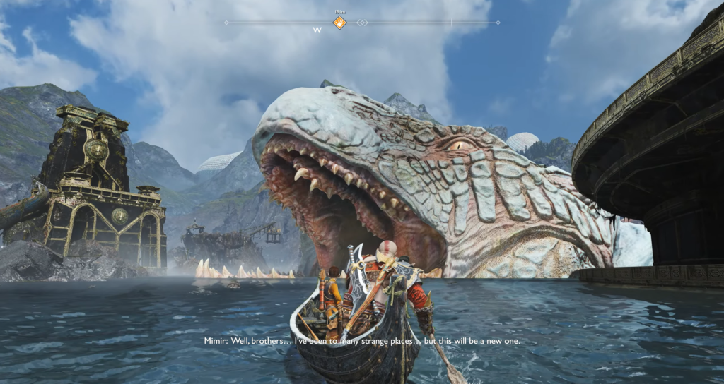 Kratos rows boat toward giant serpent in water