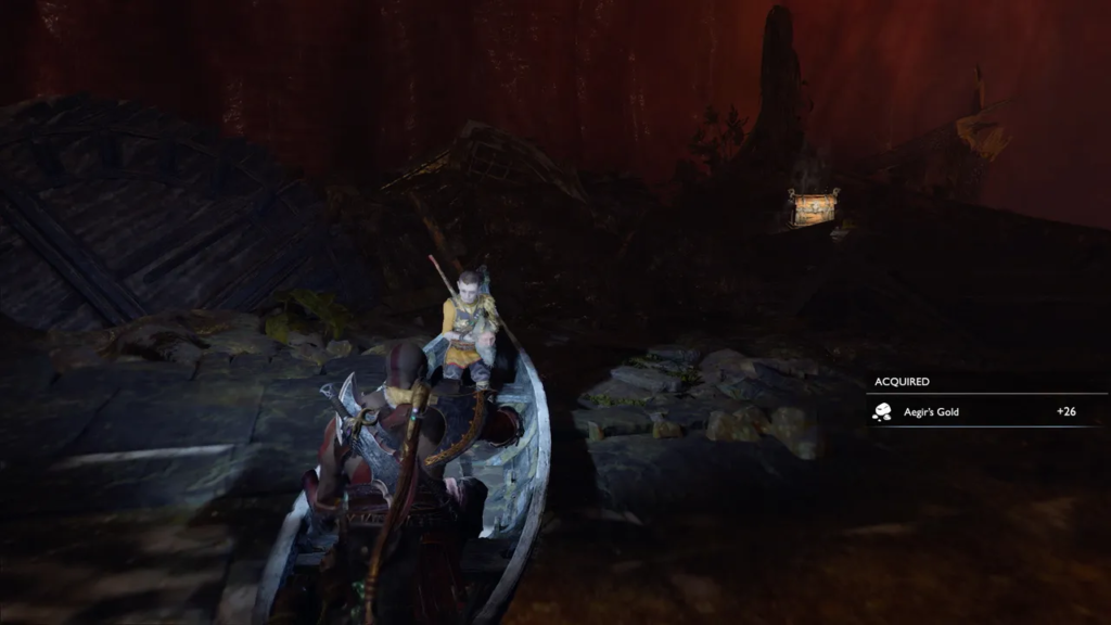 Kratos and Atreus rowing boat in dark cave