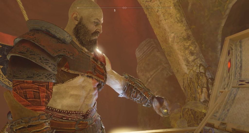 Kratos from God of War opening a chest indoors