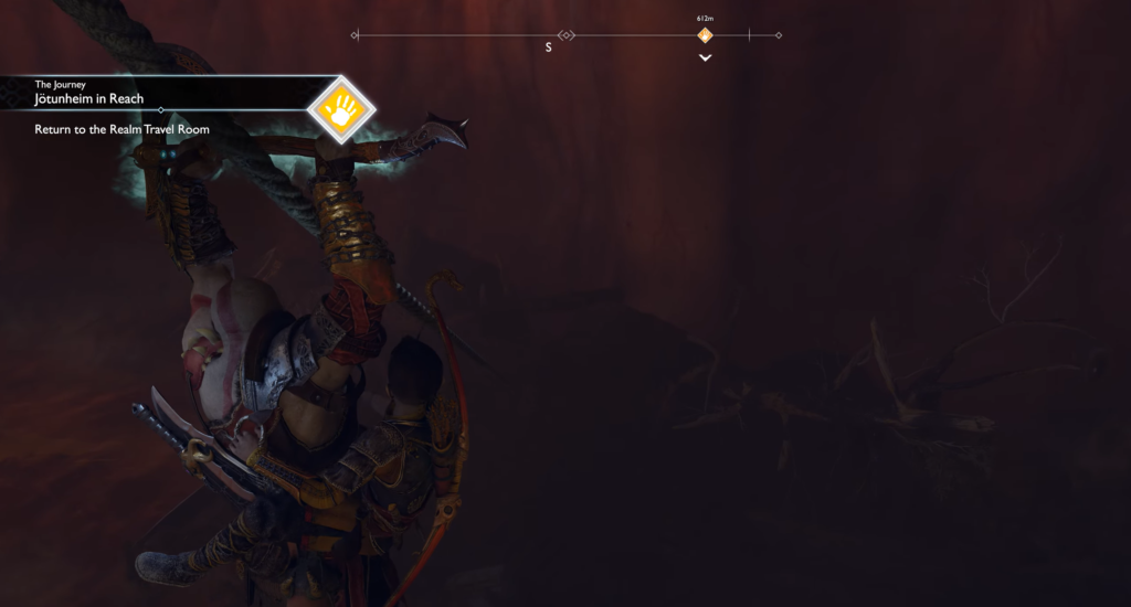 Kratos climbs rope in red mist, God of War