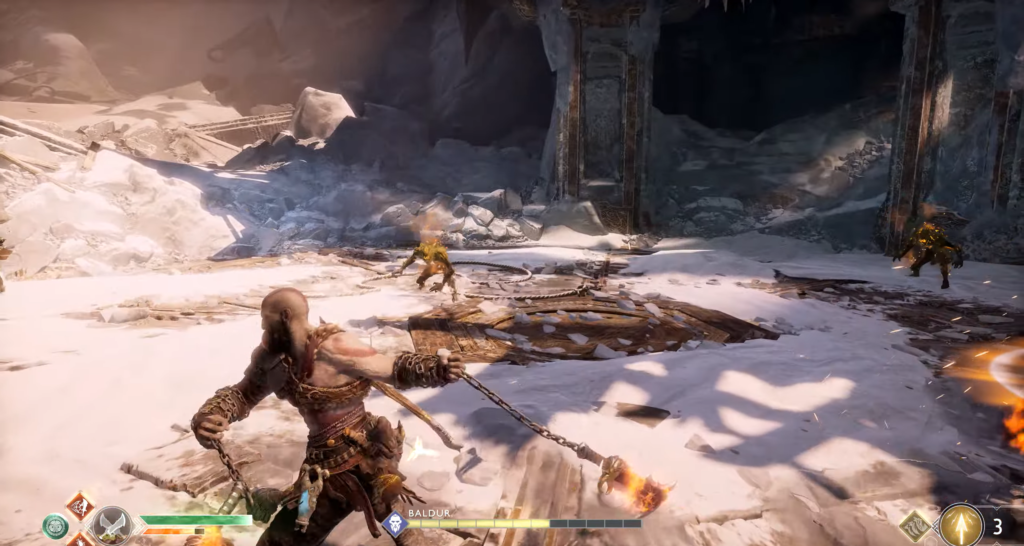 Kratos swings Blades of Chaos in snowy ruins