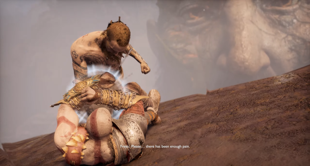Bald man pins Kratos on rocky slope