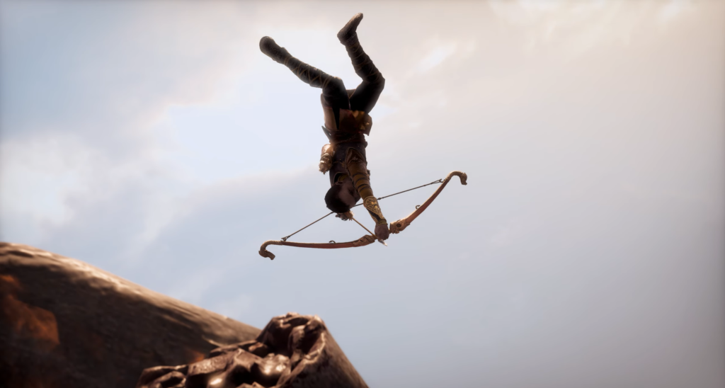 Archer flips midair holding bow above rocky cliff