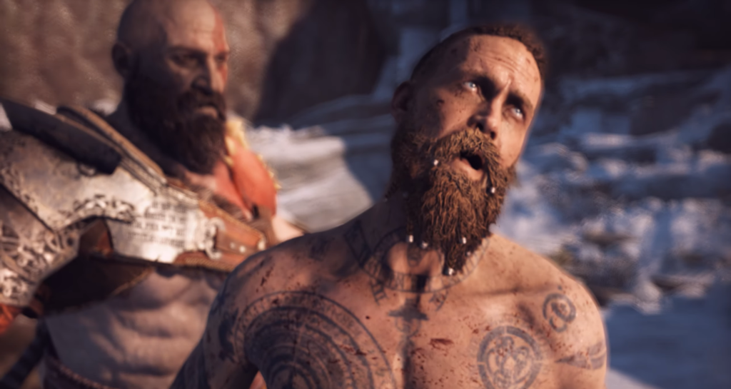 Kratos restrains tattooed man in snowy landscape, God of War