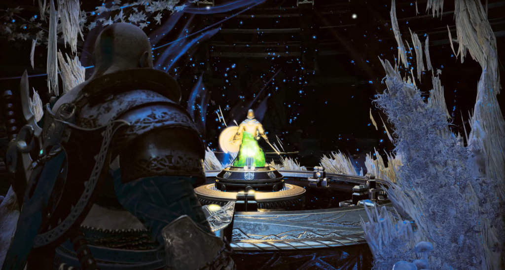Kratos watches glowing figure on icy platform in cave