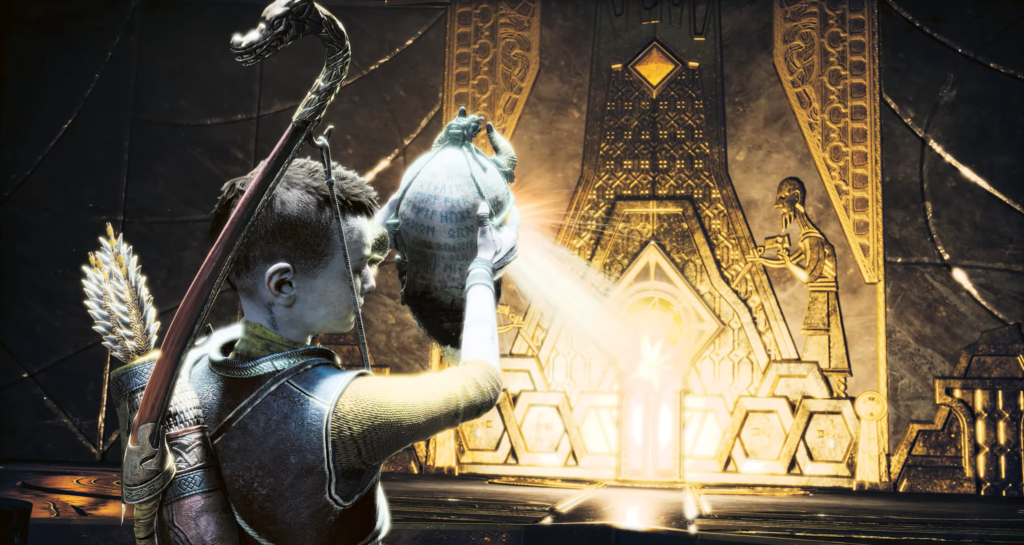 Atreus holds glowing jar inside golden temple, God of War