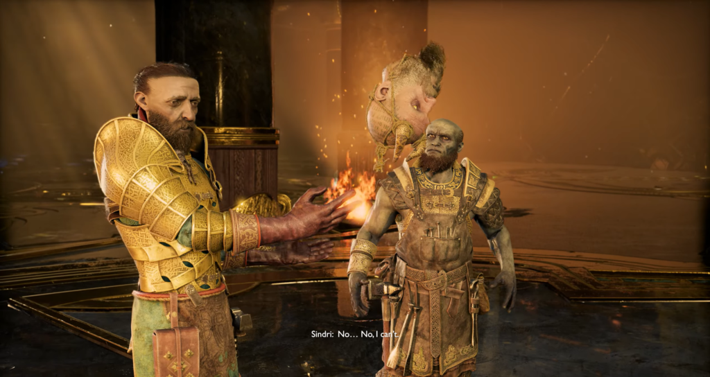 Sindri talks to armored man in golden hall