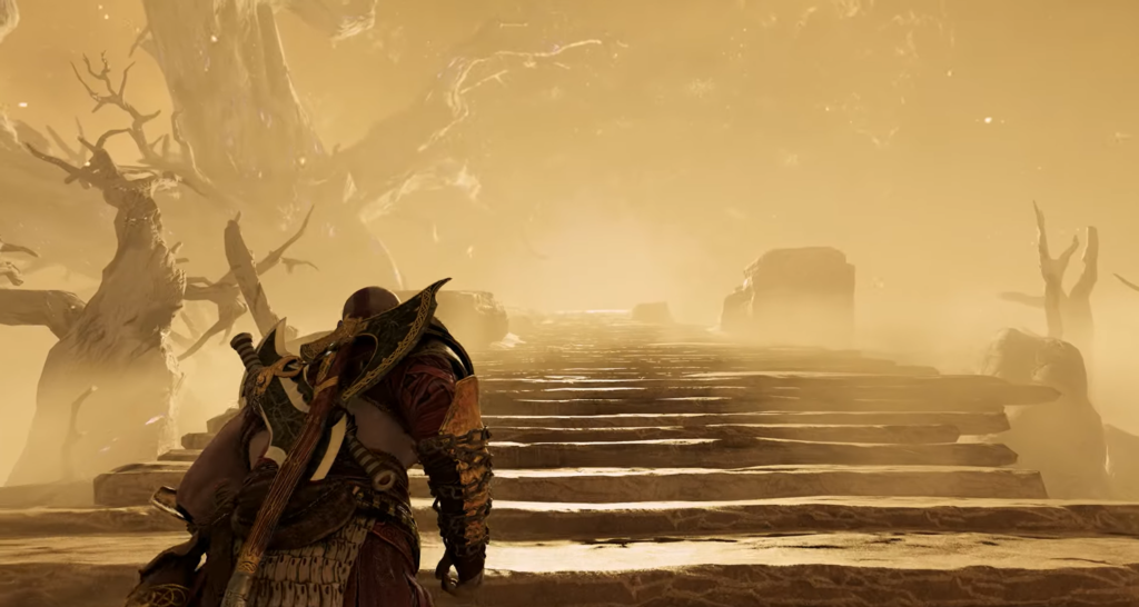 Kratos climbs stone steps in golden mist, God of War
