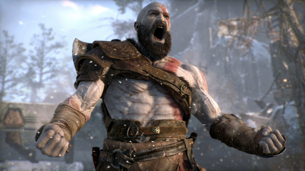 Kratos from God of War shouting in snowy forest